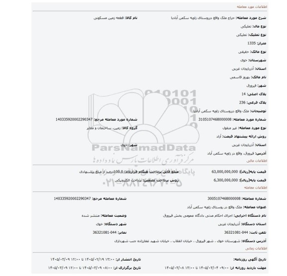 مزایده، ملک واقع درروستای زاویه سکمن آبادبا