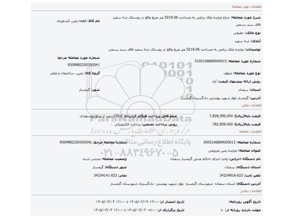مزایده، مزایده ملک زراعی به مساحت 5219.06 متر مربع واقع در روستای شه سفید فاقد سند رسمی