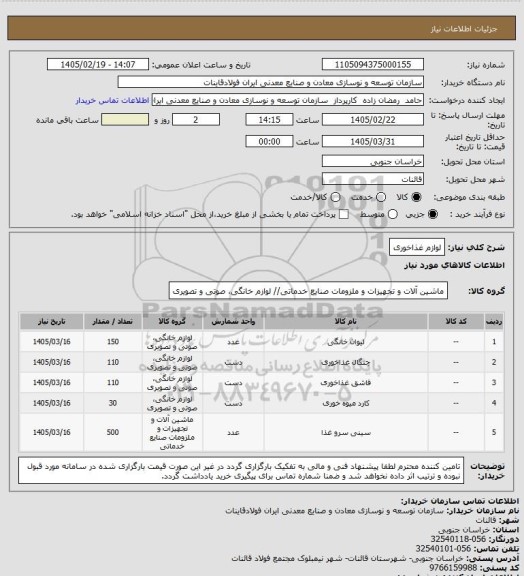 استعلام لوازم غذاخوری