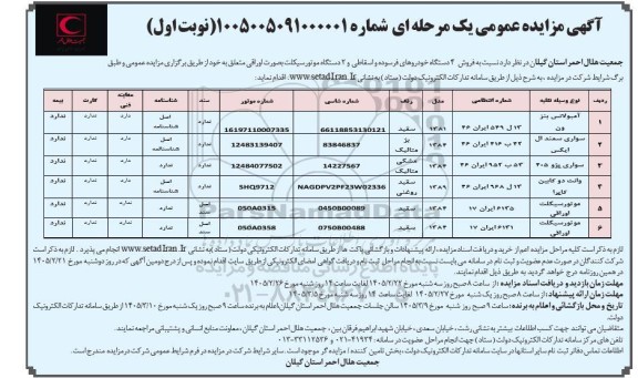 مزایده فروش 4 دستگاه خودروهای فرسوده و اسقاطی و 2 دستگاه موتورسیکلت بصورت اوراقی 
