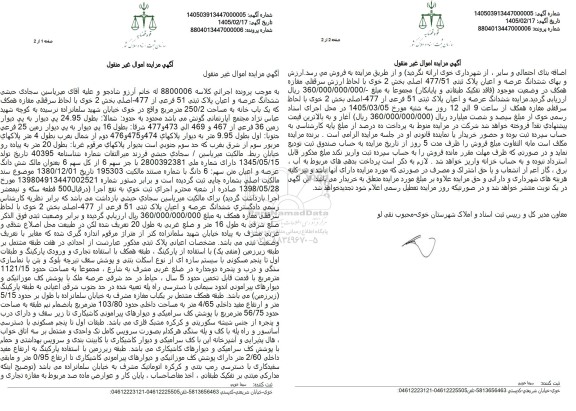 مزایده ششدانگ عرصه و اعیان پلاک ثبتی 51 فرعی از 477- اصلی بخش 2 خوی با لحاظ سرقفلی مغازه همکف به مساحت 250.2 متر مربع