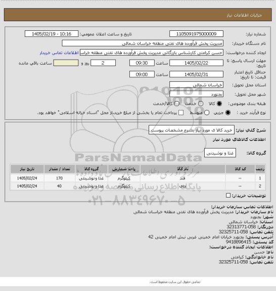 استعلام خرید کالا ی مورد نیاز بشرح مشخصات پیوست