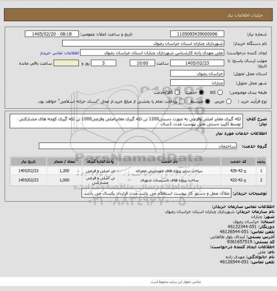 استعلام لکه گیری معابر اصلی وفرعی به صورت دستی1200 تن لکه گیری معابراصلی وفرعی1000 تن لکه گیری کوچه های مشارکتی توسط اکیپ دستی طبق پیوست مدت 1سال