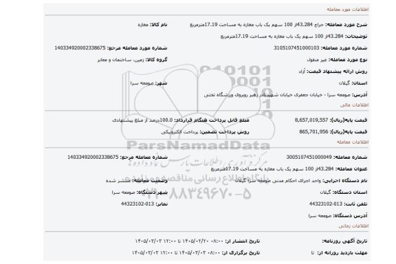 مزایده، 43.284از 100 سهم یک باب مغازه به مساحت 17.19مترمربع