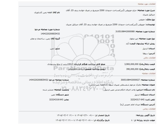 مزایده، حوریولی (آبی)مساحت حدودی: 2200 مترمربع در تصرف خوانده ردیف 23، آقای جبرائیل نصیری