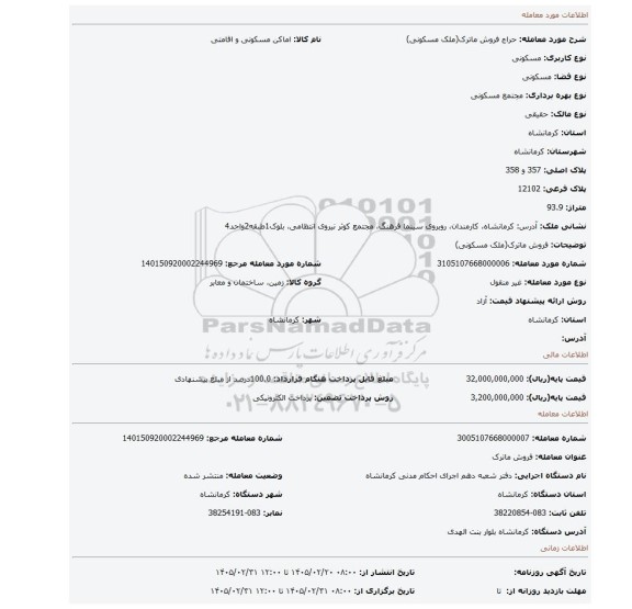 مزایده، فروش ماترک(ملک مسکونی)