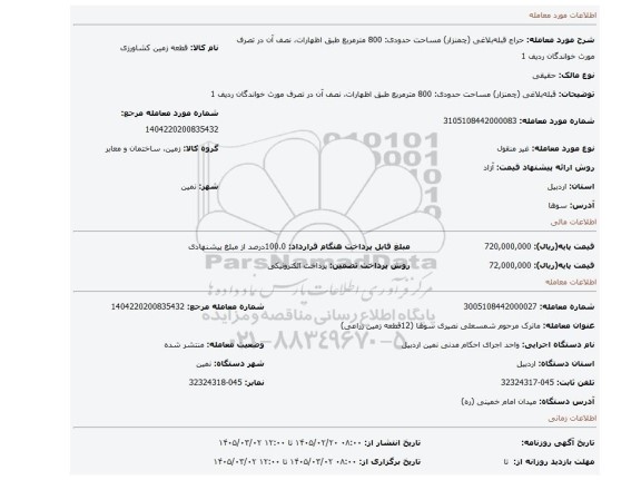 مزایده،  قبله بلاغی (چمنزار)  مساحت حدودی: 800 مترمربع طبق اظهارات، نصف آن در تصرف مورث خواندگان ردیف 1
