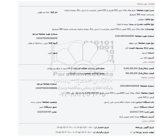 مزایده، ملک پلاک ثبتی 333 فرعی از 433 اصلی عبارتست از شش دانگ عرصه و اعیان بمساحت عرصه 360 مترمربع