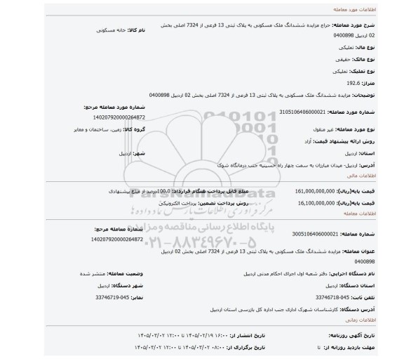 مزایده، مزایده ششدانگ ملک مسکونی به پلاک ثبتی 13 فرعی از 7324 اصلی بخش 02 اردبیل 0400898