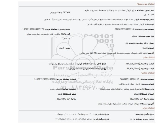 مزایده، فروش تعداد  دو عدد یخچال با مشخصات مندرج در نظریه کارشناسی