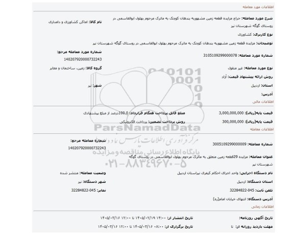 مزایده، مزایده قطعه زمین مشهوربه بندهان کوچک  به ماترک مرحوم بهلول ابوالقاسمی در روستای گوگه شهرستان نیر