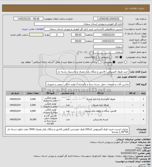 استعلام خرید ظروف آلمینیومی، قاشق و چنگال یکبار مصرف و پلاستیک دسته دار