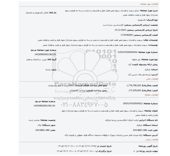 مزایده، سیصد و هشتاد سهم ممیز هفت هزار و هشتصد و شصت و سه ده هزارم سهم مشاع از چهار هزار و پانصد و هفتاد ممی