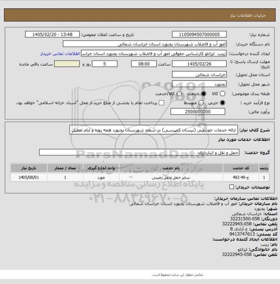 استعلام ارائه خدمات خودرویی (نیسان کمپرسی) در سطح شهرستان بجنورد همه روزه و ایام تعطیل
