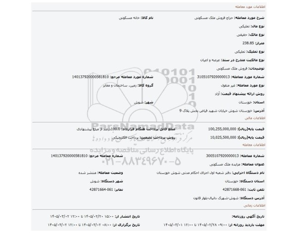 مزایده، فروش ملک مسکونی