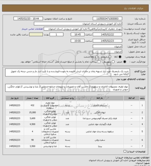 استعلام خرید یک بارمصرف مورد نیاز تسویه زمان بر مالیات ارزش افزوده به عهده فروشنده و با تایید انبار دار و جنس درجه یک تحویل گرفته می شود
