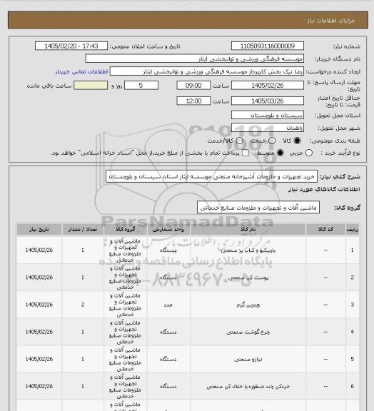 استعلام خرید تجهیزات و ملزومات آشپزخانه صنعتی موسسه ایثار استان سیستان  و بلوچستان