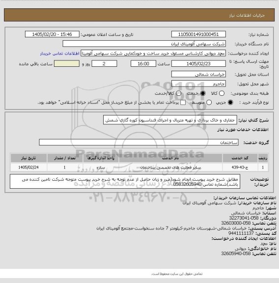 استعلام حفاری و خاک برداری و تهیه متریال و اجرای فنداسیون کوره گازی شمش