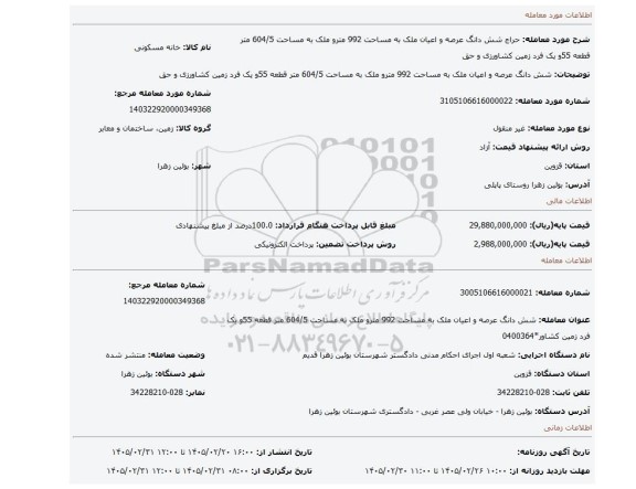 مزایده، شش دانگ عرصه و اعیان ملک به مساحت 992 مترو ملک به مساحت 604/5 متر قطعه 55و یک فرد زمین کشاورزی و حق