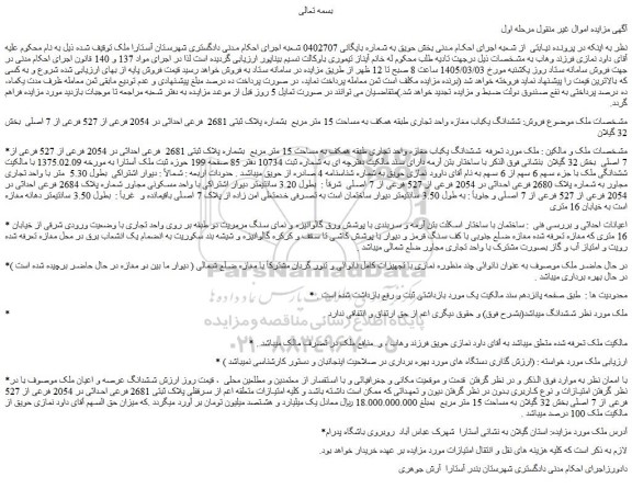مزایده ششدانگ یکباب مغازه واحد تجاری طبقه همکف به مساحت 15 متر مربع  بشماره پلاک ثبتی 2681  فرعی احداثی در 2054 فرعی از 527 فرعی از 7 اصلی