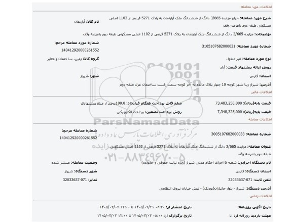 مزایده، مزایده 3/665 دانگ از ششدانگ ملک آپارتمان به پلاک 5271 فرعی از 1102 اصلی مسکونی طبقه دوم باعرصه وقف
