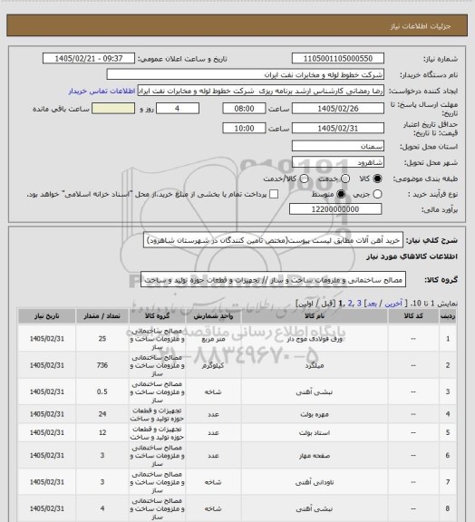 استعلام خرید آهن آلات مطابق لیست پیوست(مختص تامین کنندگان در شهرستان شاهرود)