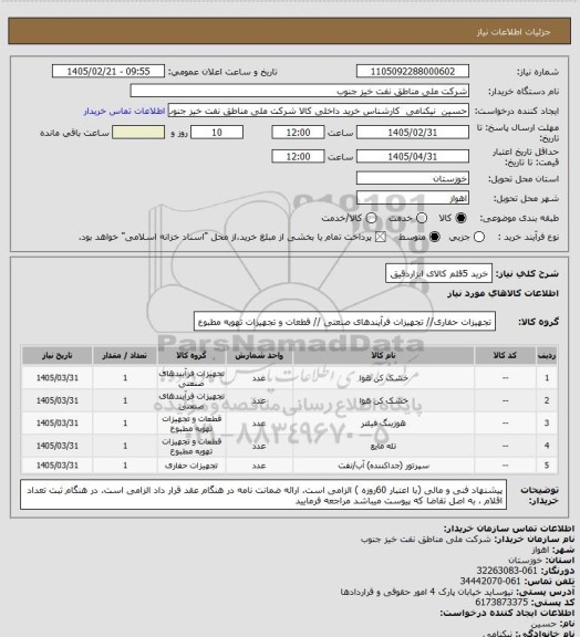 استعلام خرید 5قلم کالای ابزاردقیق