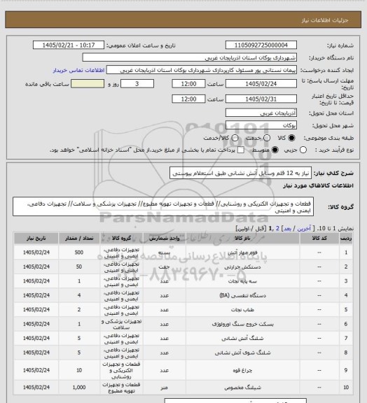 استعلام نیاز به 12 قلم وسایل آتش نشانی طبق استعلام پیوستی