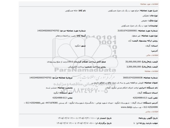 مزایده، مورد ب یک باب منزل مسکونی