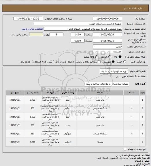 استعلام تهیه مصالح پیاده راه سازی