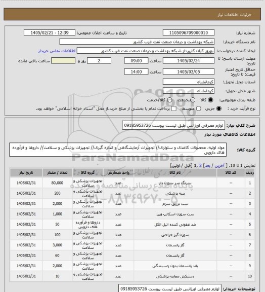 استعلام لوازم مصرفی اورژانس طبق لیست پیوست 09185953726