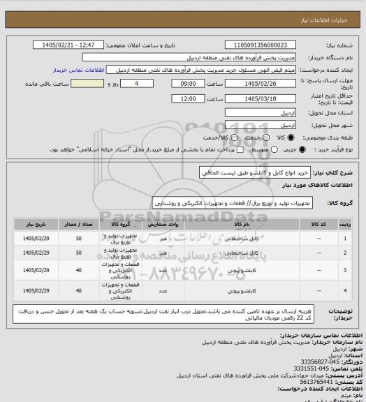 استعلام خرید انواع کابل و کابلشو طبق لیست الحاقی