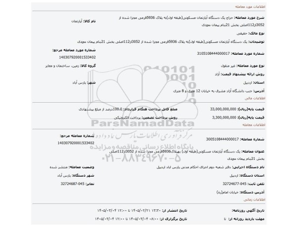 مزایده، یک دستگاه آپارتمان مسکونی(طبقه اول)به پلاک 5936فرعی مجزا شده از 3052از112اصلی بخش 21بنام پیمان محمدی
