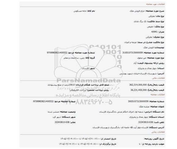 مزایده، فروش ملک