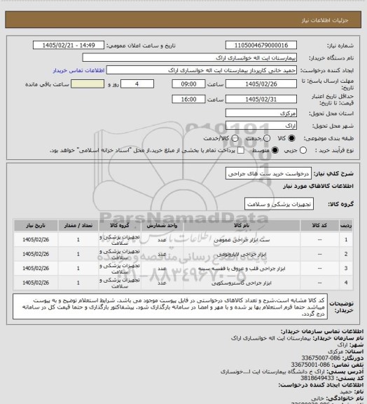 استعلام درخواست خرید ست های جراحی