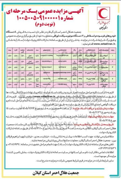 مزایده فروش 4 دستگاه خودروهای فرسوده و اسقاطی و 2 دستگاه موتورسیکلت بصورت اوراقی  -نوبت دوم