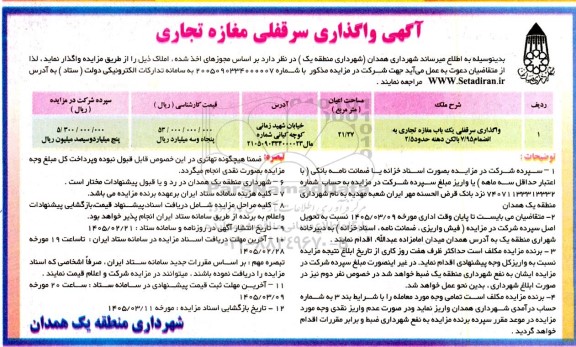 مزایده واگذاری سرقفلی مغازه تجاری 