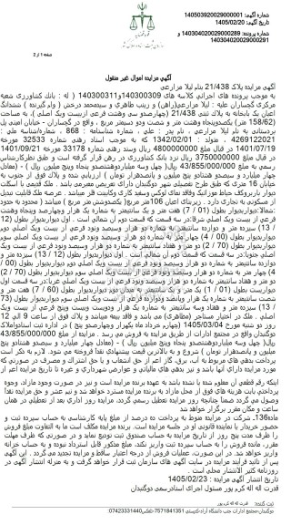 مزایده ششدانگ اعیان یک بابخانه به پلاک ثبتى 21.438 (چهار صدو سی وهشت فرعی از بیست و یک اصلی )، به مساحت (158.62 متر)