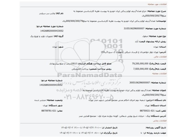 مزایده، تعداد7ردیف لوازم یدکی ایران خودرو به پیوست نظریه کارشناسی مجموعا به مبلغ000/000/200/79ریال
