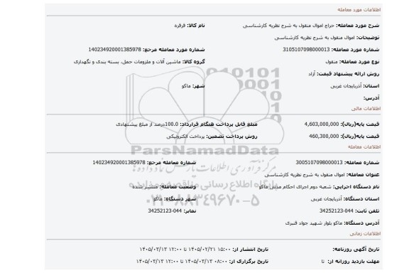 مزایده، اموال منقول به شرح نظریه کارشناسی