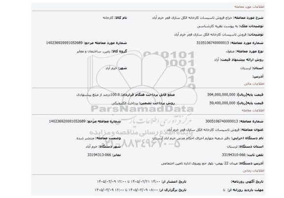 مزایده، فروش تاسیسات کارخانه الکل سازی فجر خرم آباد