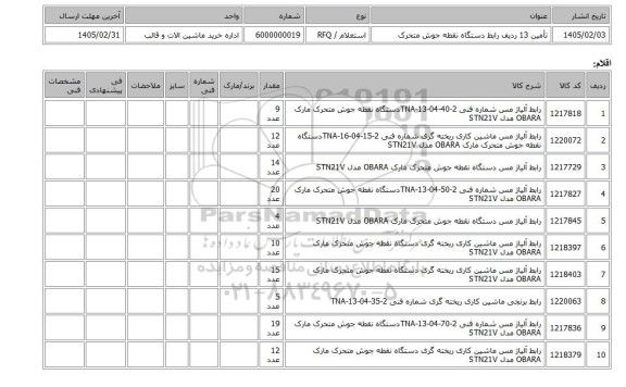 استعلام، تأمین 13 ردیف رابط دستگاه نقطه جوش متحرک