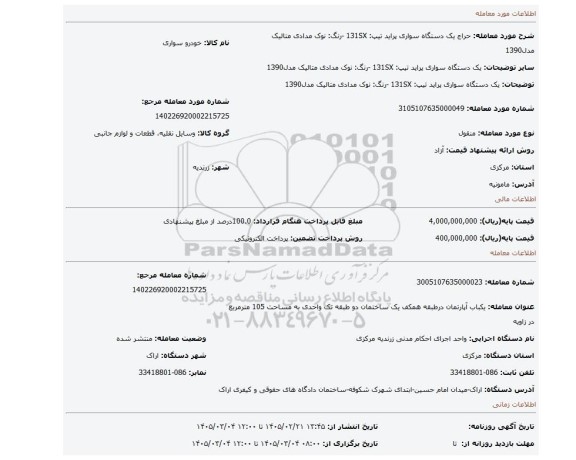 مزایده، یک دستگاه سواری پراید تیپ: 131SX  -رنگ: نوک مدادی متالیک مدل1390