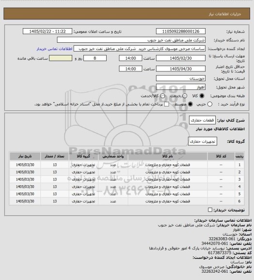 استعلام قطعات حفاری