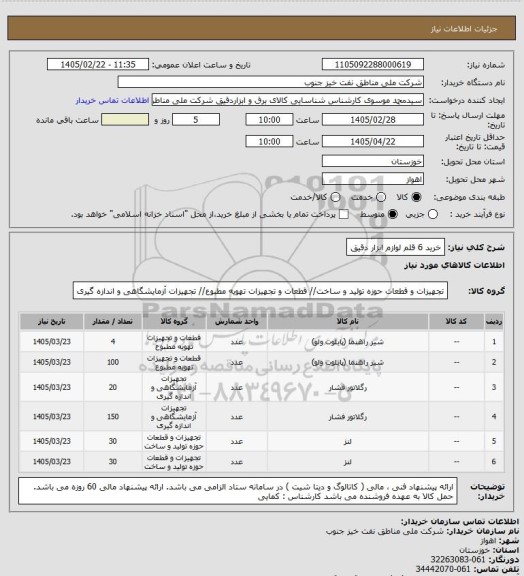 استعلام خرید 6 قلم لوازم ابزار دقیق