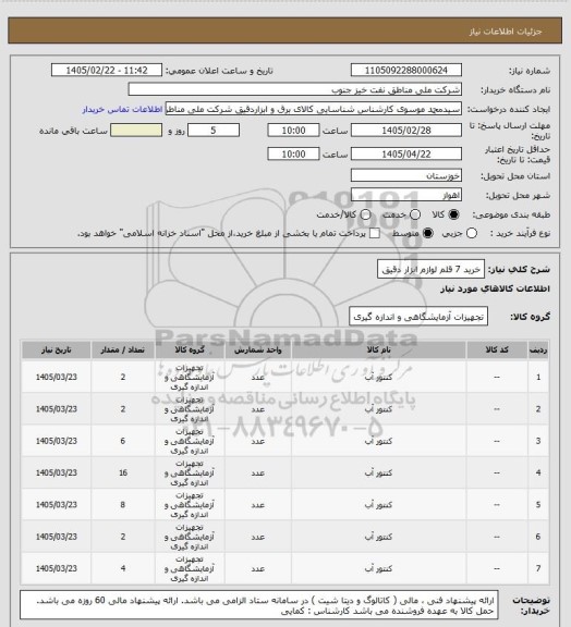 استعلام خرید 7 قلم لوازم ابزار دقیق