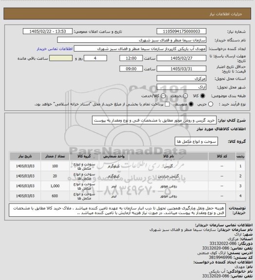 استعلام خرید گریس و روغن موتور مطابق با مشخصات فنی و نوع ومقدار به پیوست