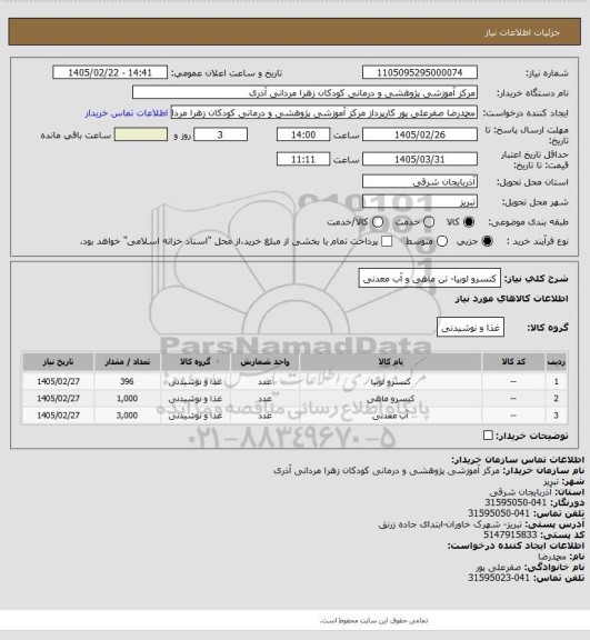 استعلام کنسرو لوبیا- تن ماهی و آب معدنی