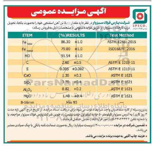مزایده فروش مقدار 5.000 تن آهن اسفنجی