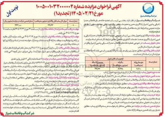 مزایده واگذاری بخشی از پساب تصفیه خانه های فاضلاب صدرا ..